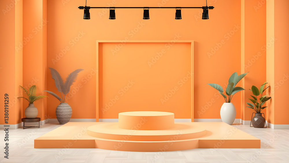 Poster A vibrant orange studio space with a geometric display for product presentation or design concepts.