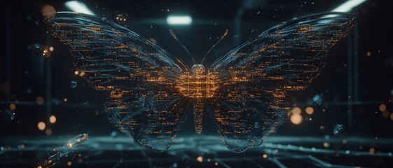 A stunning digital representation of a butterfly, composed of glowing data patterns, set against a futuristic, dark background with abstract light effects and a high-tech ambiance
