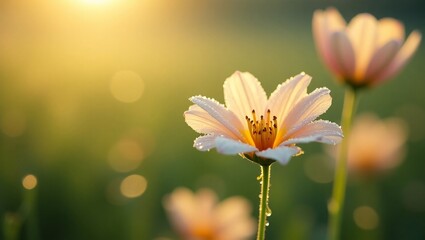 White daisies with dew drops in the morning light. Macro photography of dew drops on flowers, morning sunlight, high detail, for use in nature and environmental projects.