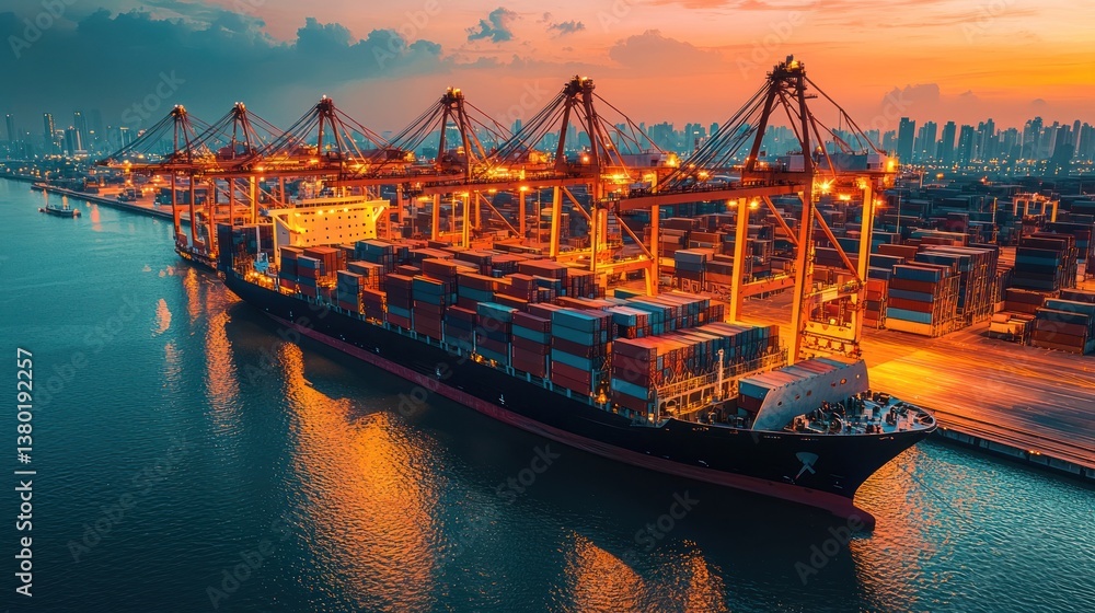 Aufkleber efficient shipping operations at dusk with containers and cranes in a bustling port environment