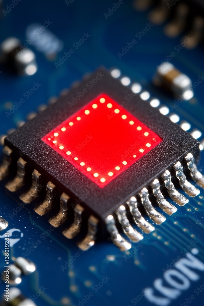 Poster a clean white background with a high-contrast circuit board graphic, featuring a pattern and grid, f