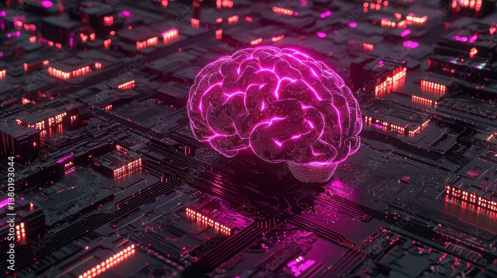 Poster futuristic digital brain representing ai model on circuit board with neon lights for enhanced effici
