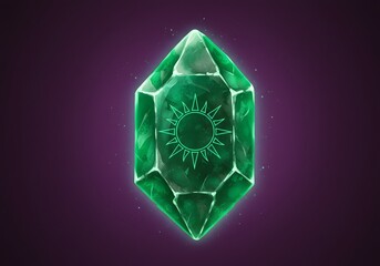 Fototapeta premium Glowing Emerald Crystal with Sun Symbol, Green Gemstone, Digital Art Design, Fantasy, Magic.