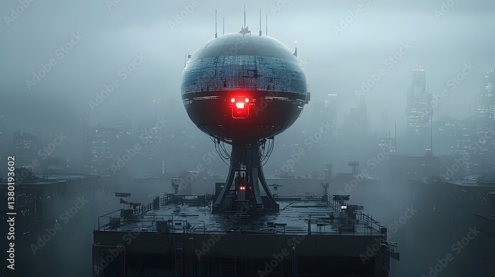 Poster A large ominous futuristic orb like structure dominates the skyline of a hazy modern city evoking a sense of advanced surveillance and control over the urban environment