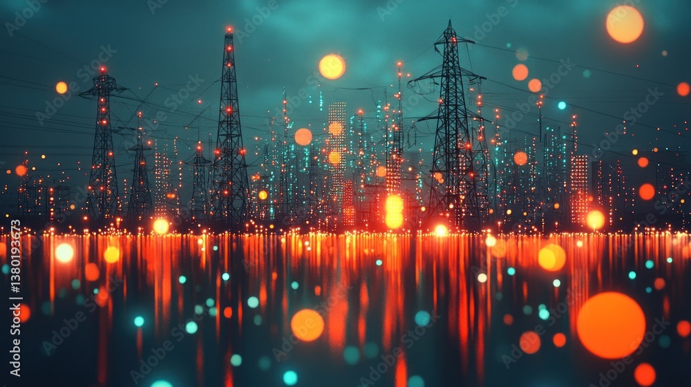 Poster futuristic cityscape with power towers and digital light effects representing ai and efficiency in l