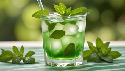 A close-up shot captures a tall glass filled with a vibrant green liquid, ice cubes, and a green-and-white striped straw