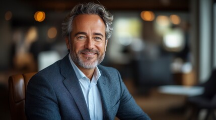 Confident gray-haired man smiles in suit jacket; relaxed atmosphere