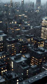 Fototapeta Rainy Snowy City Night View from High Angle
