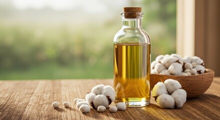 Golden Cottonseed Oil in Glass Bottle with Raw Cotton Bolls