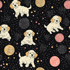 Textile Seamless Pattern Background Playful puppies with colorful dots on black seamless pattern background