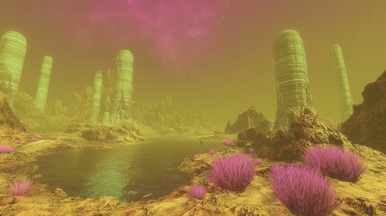 A surreal alien landscape featuring towering crystalline structures amidst a vibrant pink and yellow terrain, with a serene body of water reflecting the otherworldly sky