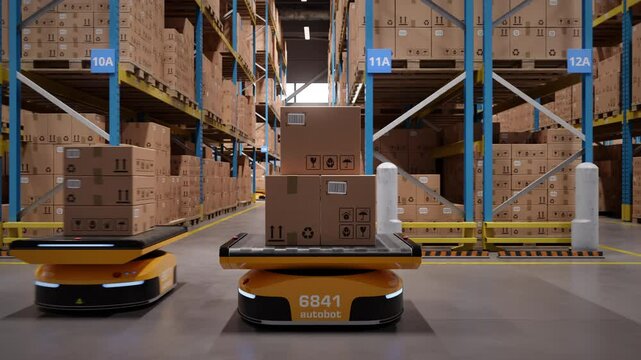 Autonomous AGV robots transporting cardboard boxes in automated warehouse or distribution logistics center. Smart warehouse automation concept. Seamless looping parallel shot. 3d rendering animation.