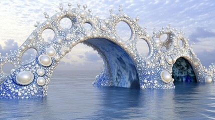 A surreal landscape featuring intricate, bubble-like arches emerging from a calm ocean, reflecting soft blue and white hues under a cloudy sky, evoking a dreamlike atmosphere