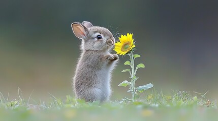 A small rabbit sniffing and admiring a beautiful yellow sunflower