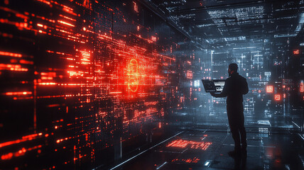 cybersecurity specialist is analyzing data in futuristic digital environment filled with glowing red and blue graphics. scene conveys sense of urgency and high tech analysis