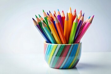 Fototapeta premium Colorful Pencils in Ceramic Cup - Isolated Background Stock Photo