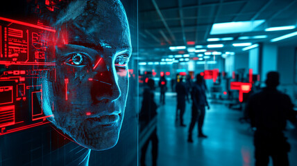 futuristic scene depicting high tech environment with digital face projection, showcasing advanced technology and biometric systems. atmosphere is filled with sense of innovation and security