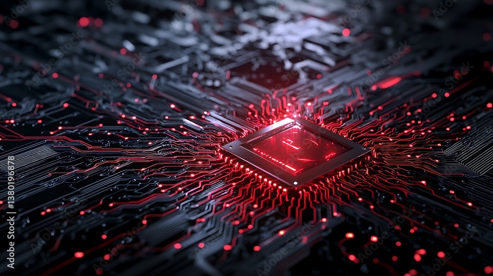Aufkleber red illuminated central processing unit on dark circuit board