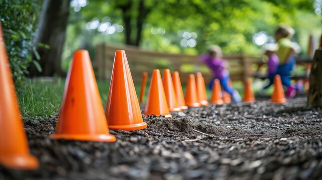 Children playing outside with cones in obstacle course