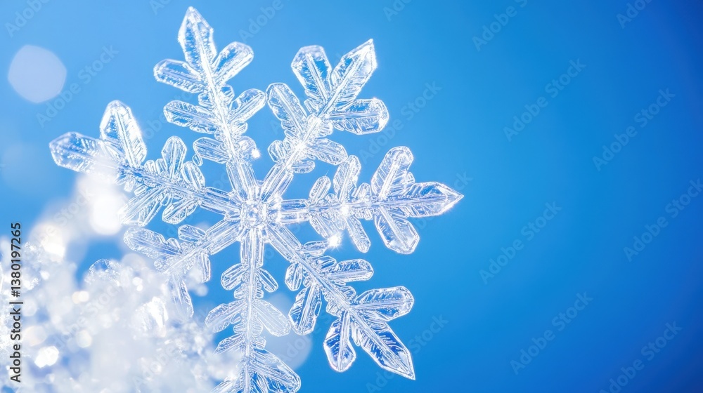Poster a delicate snowflake against a blue background, showcasing intricate crystal patterns and reflecting
