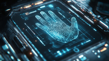 Futuristic biometric handprint scanner displaying glowing digital fingerprint on high tech interface, showcasing advanced technology and security features