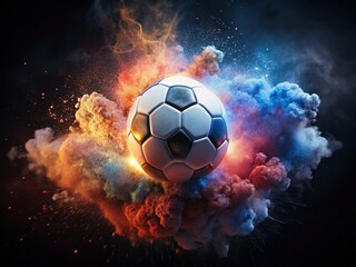 Fototapeta premium Colorful Soccer Ball Explosion: Vibrant Powder Burst Sports Photography