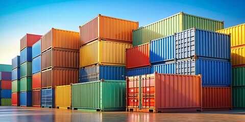 Fototapeta premium Colorful Stacked Shipping Containers: Import, Export, Logistics - 3D Render
