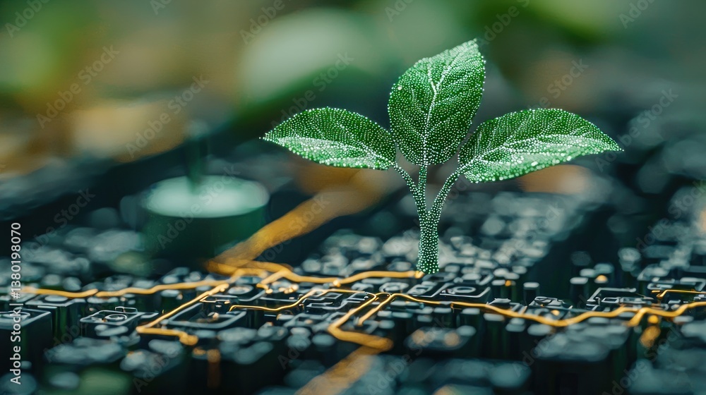 Poster growth of ai language models represented by plant emerging from circuit board, symbolizing efficienc