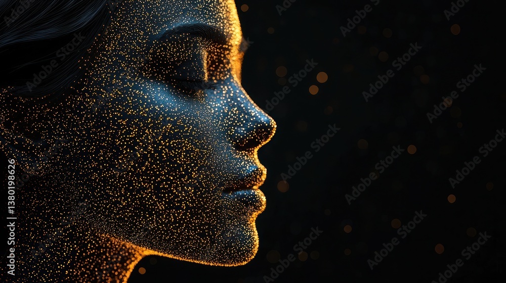 Poster ethereal portrait of a woman with shimmering particles highlighting language model efficiency in ai 