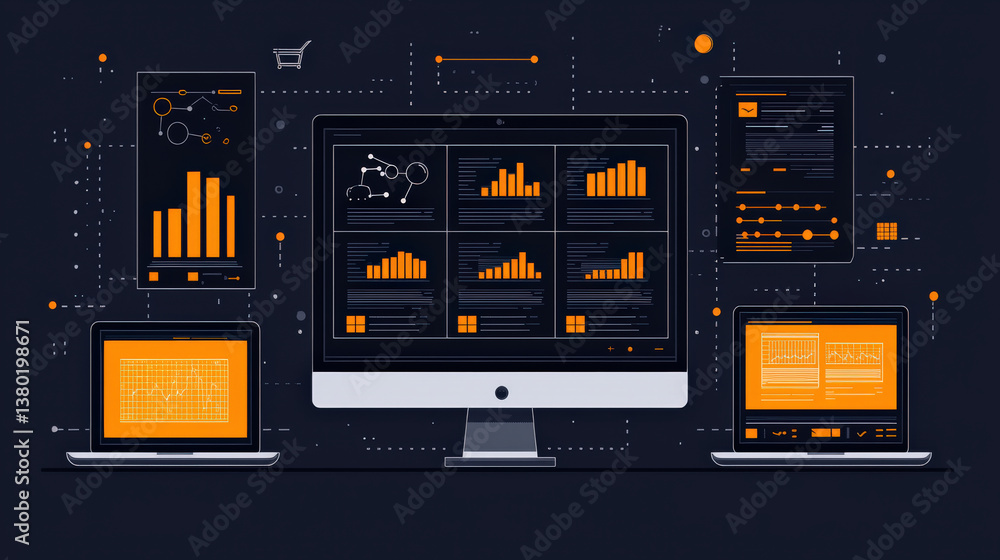 Poster digital illustration of cloud based business intelligence system with multiple screens displaying data analytics, charts, and graphs. dark background contrasts with vibrant orange elements