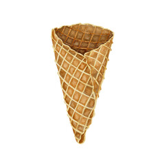 Empty waffle cone for ice cream watercolor illustration. Realistic style. For decorating the menu of cafes and pastry shops, blogs and social networks, packaging