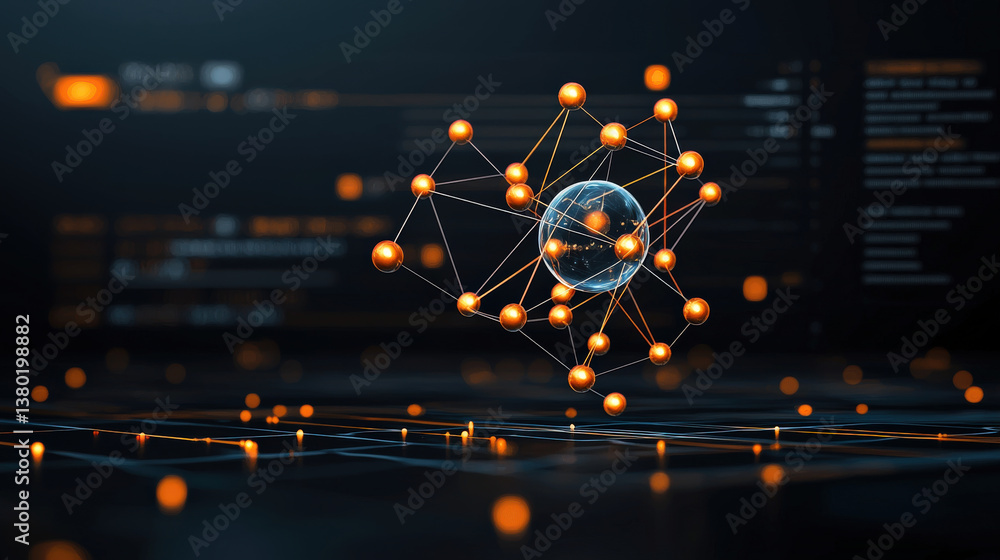 Aufkleber digital illustration of network of glowing orange spheres connected by lines, surrounding central tr