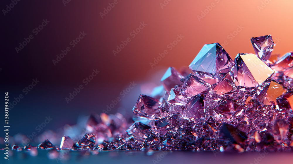 Poster pile of sparkling purple crystals glistens under soft lighting, creating mesmerizing and enchanting visual effect. vibrant hues and sharp facets add to allure