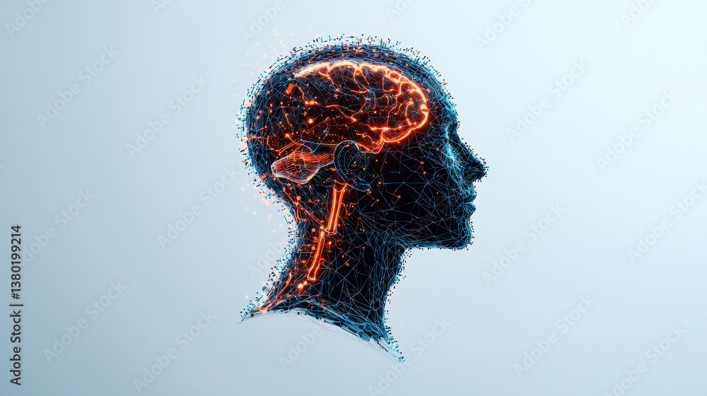 Leinwandbilder digital illustration of human head profile with glowing brain network, symbolizing artificial intell