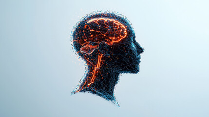 digital illustration of human head profile with glowing brain network, symbolizing artificial intelligence and neural connections. image conveys innovation and technology