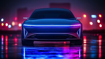 A futuristic car is illuminated by neon lights at night