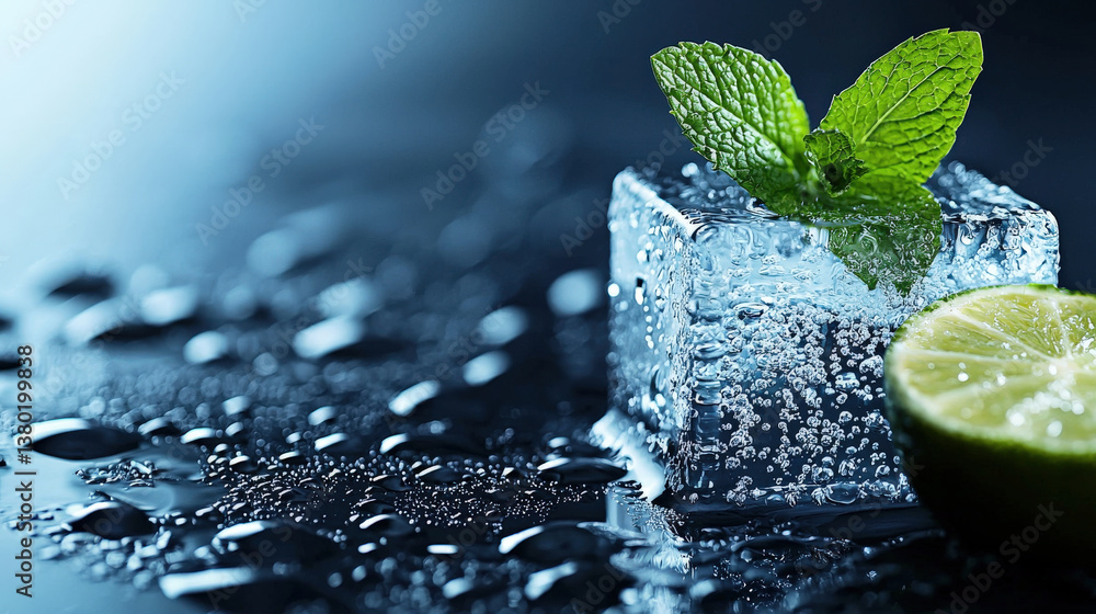 Poster refreshing close up of single ice cube with mint leaves and lime slice on wet surface, evoking cool and invigorating sensation