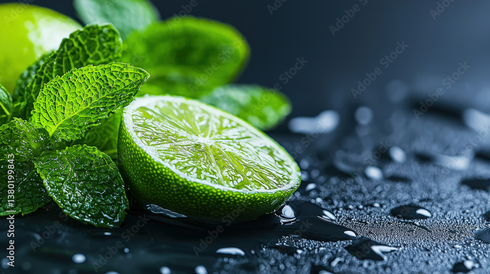 Poster fresh lime slice and vibrant mint leaves rest on wet surface, creating refreshing and invigorating scene. droplets enhance freshness of ingredients