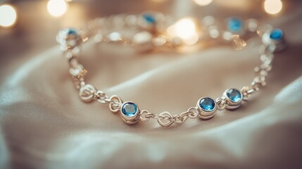 An elegant bracelet adorned with brilliant blue gemstones displayed gently