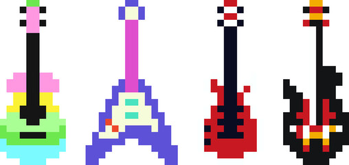Guitares pixel art colorées, design rétro, style musical, fichier PNG pour superposition artistique