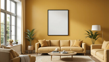 "A stylish living room with mustard-hued walls, showcasing a framed poster mockup in a pure white frame outlined by a black border.