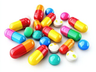 A group of multi-colored capsules spread out in a random pattern, isolated on white background