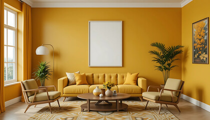 "A chic retro-modern living room with mustard all-color walls and a framed poster mockup in a sleek white frame with a black outline.