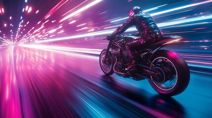 High-speed motorcycle ride through neon-lit highway at night, city lights shimmer ahead, purple and blue tones streak across the scene, wind creates motion haze.