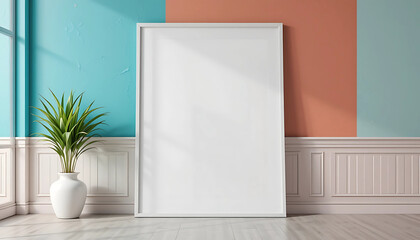 A stylish retro-modern space with a multicolored wall, showcasing a framed poster mockup in a pure white frame outlined by a sleek black border.