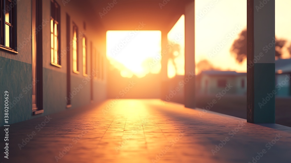 Poster a serene corridor illuminated by a warm sunset glow, with light streaming through windows, creating 