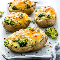 Baked Potatoes with Broccoli and Cheese on a Baking Sheet, Perfect for Healthy Meal Prep and Comfort Food