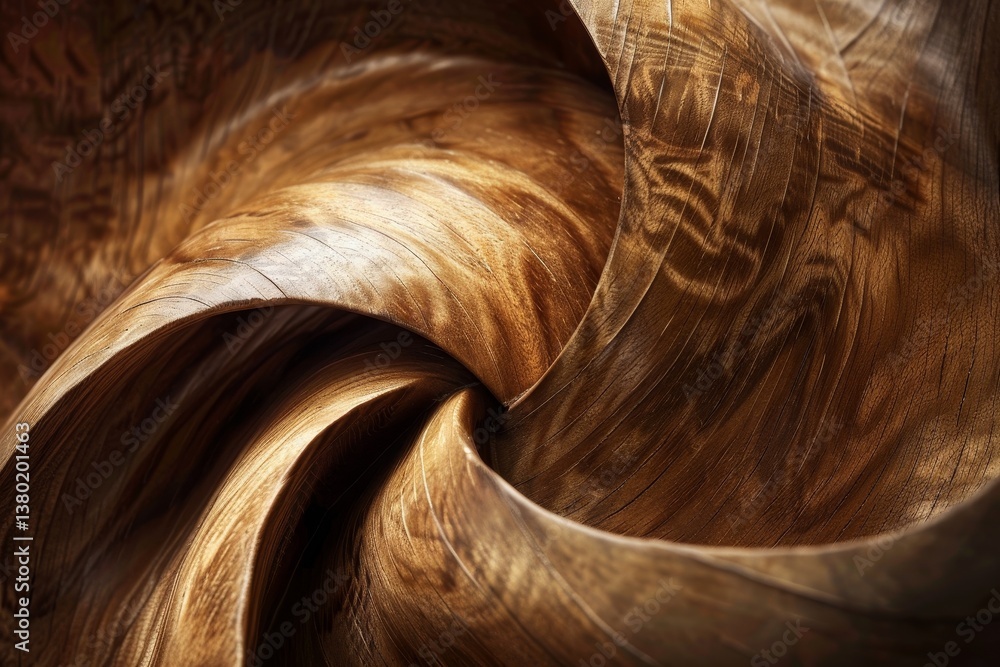 Poster close-up of a wooden sculpture with intricate whorls and loops in the grain, whorls and loops in the