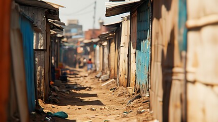 Fototapeta premium A narrow alleyway lined with makeshift structures, showcasing a blend of colors and textures, reflecting a vibrant yet challenging living environment.