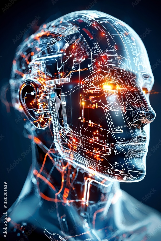 Poster exploring futuristic robotics technology in a digital environment 3d model neon aesthetic close-up v
